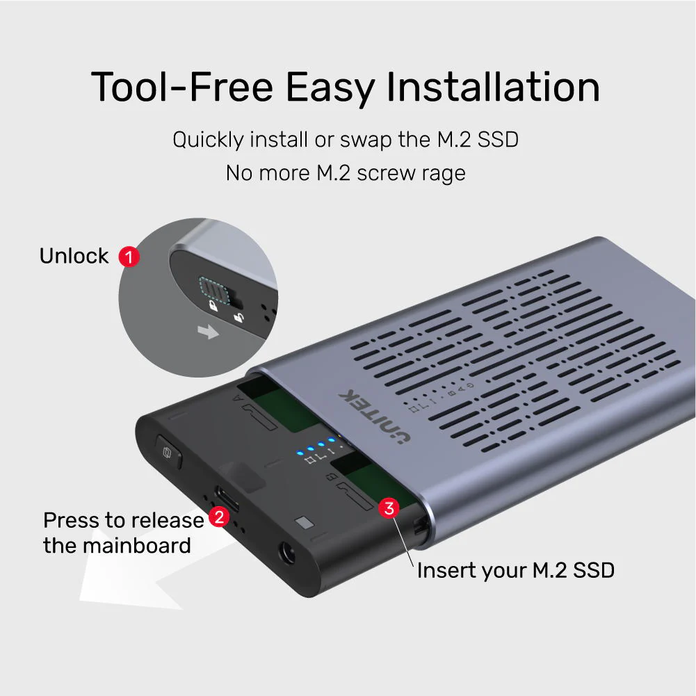 Unitek SolidForce USB-C to PCIe/NVMe M.2 SSD Dual Bay Enclosure With Office Clone