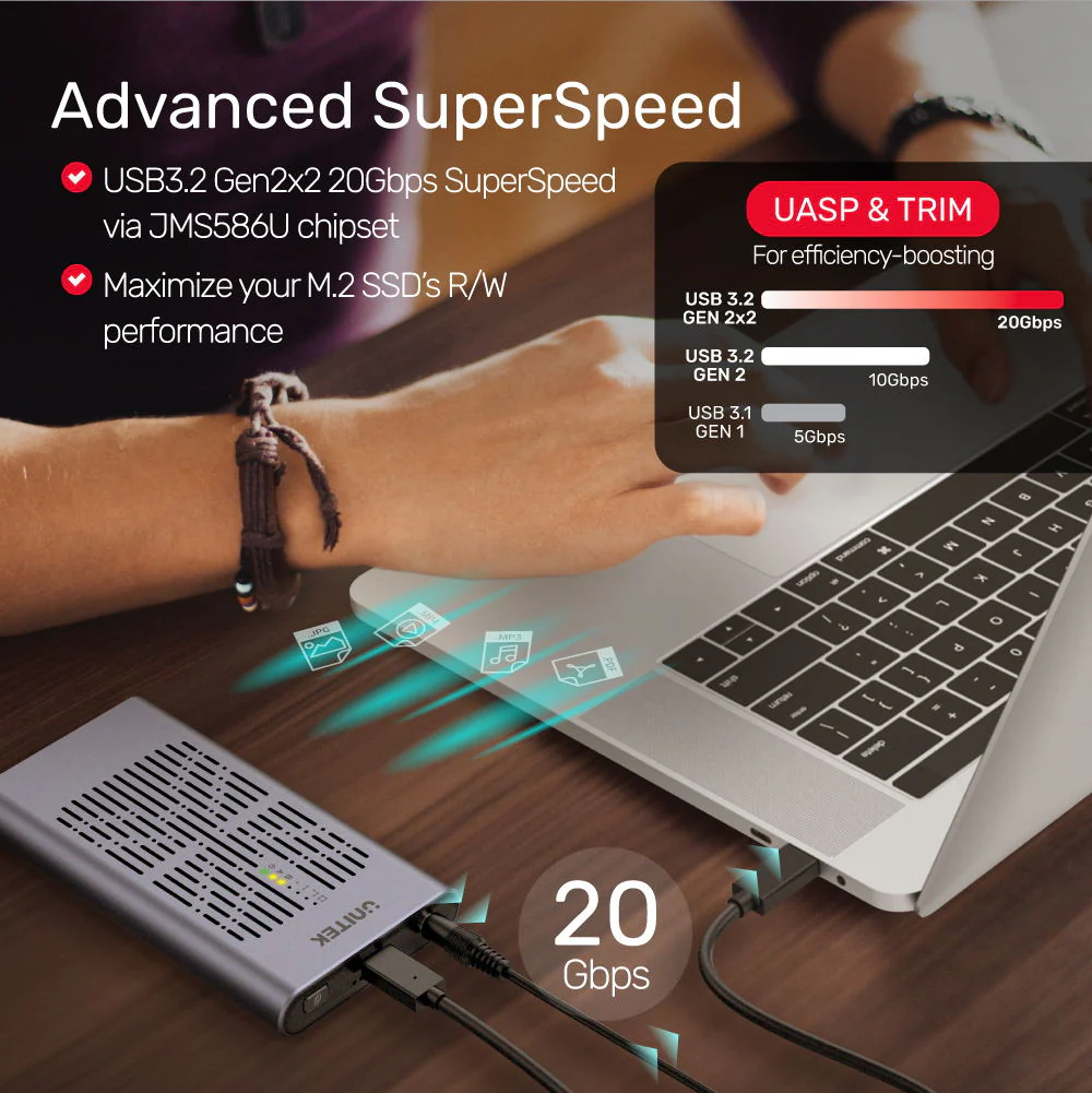 Unitek SolidForce USB-C to PCIe/NVMe M.2 SSD Dual Bay Enclosure With Office Clone - Image 3