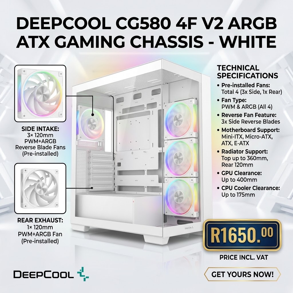 Deep Cool CG580 4F V2 ARGB ATX Gaming Chassis - White - Image 4